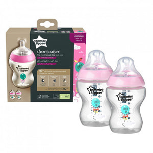 Tommee Tippee Closer to Nature Baby Bottle Decorated Pink, X2 Bottles, 260 ml