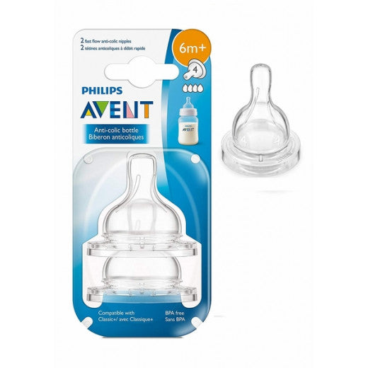 Philips Avent Classical Bottles 4 Hole Fast Flow Teat, Pack of 2, 6+ Months