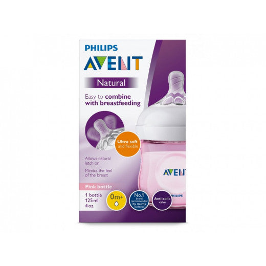 Philips Avent Natural Baby Bottle 125ml, Pink, 1 Pack, 0+ Months